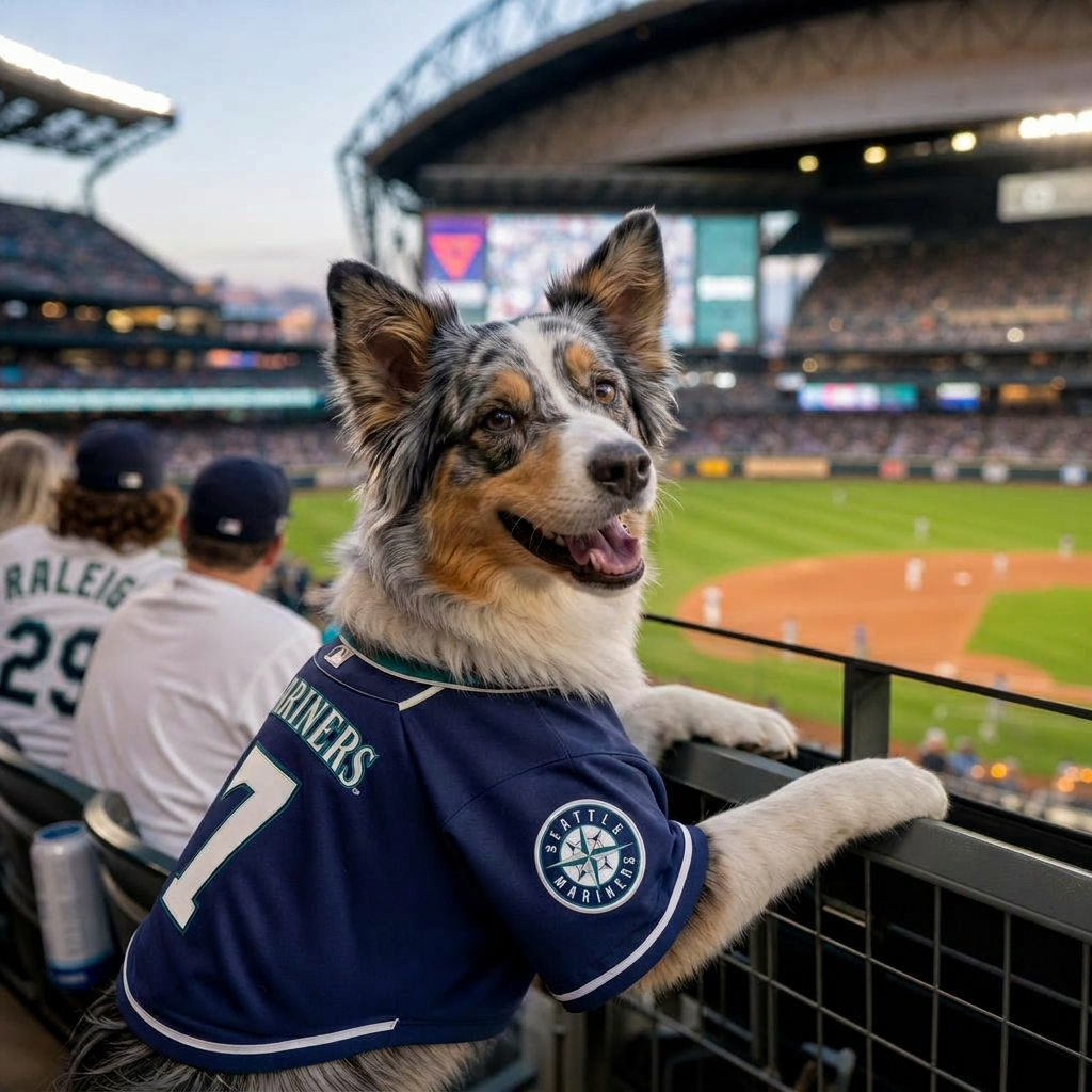 Dog dressed as a baseball player in the bleachers